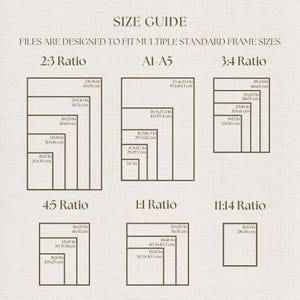 May include: A beige size guide chart with dark brown text and outlines. It lists dimensions for 2:3, A1-A5, 3:4, 4:5, 1:1, and 11:14 ratios, providing measurements in both inches and centimeters for various standard frame sizes for digital prints.