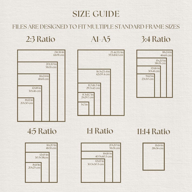 May include: A beige size guide chart with dark brown text and outlines. It lists dimensions for 2:3, A1-A5, 3:4, 4:5, 1:1, and 11:14 ratios, providing measurements in both inches and centimeters for various standard frame sizes for digital prints.
