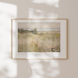 Jesaja 40:8 kunst aan de muur wilde bloemen, christelijke bloemen poster bijbelvers, vintage landschap schrift afdrukbaar, decor boerderij woonkamer