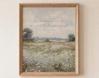 1 Chronik 16,34: Landschaftskunst mit Wildblumenmotiv, Vintage-Druck mit Bibelversen im Landhausstil (Digitaler Download)