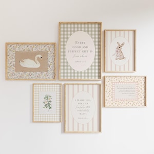 May include: A gallery wall set of six framed prints featuring a white swan, a rabbit, floral illustrations, and religious text including Every Good and Perfect Gift is from Above and I Praise You, for I am Fearfully and Wonderfully Made.