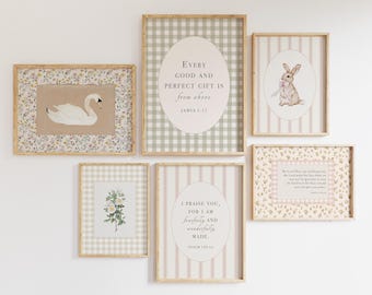 Christliches Wandbild-Set fürs Kinderzimmer, Vintage-Cottagecore-Galeriedrucke für Mädchen (Digitaler Download)