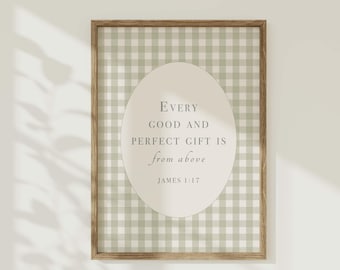 James 1:17 Green Gingham Printable, Vintage Bible Verse Nursery Wall Art, Sage Baby Girl Room Decor, Cottagecore Scripture Print