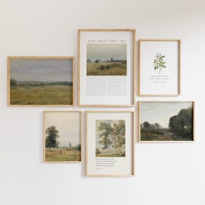 Peut inclure: Un ensemble de six cadres muraux présentant des peintures de paysages, des illustrations botaniques et des textes religieux. La collection comprend des tons terreux, des champs verts, des arbres et des fonds blancs avec une typographie noire.