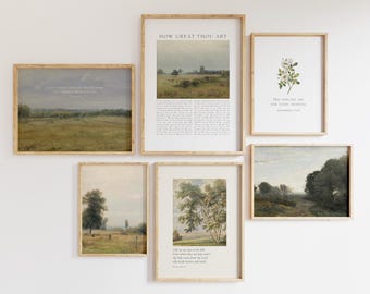 Christliche Bilderwand im Landhausstil, 6er-Set | Vintage-Landschaftsbilder mit Bibelversen (Digitaler Download)