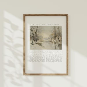 Weihnachtshymne Wandkunst, O Come All Ye Faithful, Vintage Winter Schneelandschaft, Bauernhaus Anbetung Song Poster, Christlicher Feiertag, Glaubensgeschenk