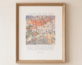 Kunstdruck „Zähl alle Freude“ mit Blumenmotiv – Poster mit Bibelvers Jakobus 1,2 (Digitaler Download)