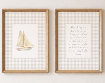 Wandbild-Set im maritimen Stil fürs Kinderzimmer: Segelboot, Gutenachtgebet, Vichy-Karo-Dekor (Digitaler Download)