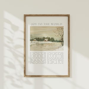 Joy To The World Vintage Wandkunst, Weihnachtshymne, Worship Song Poster, Winterlandschaft, Verschneite Cottage-Szene, Weihnachtsgeschenk