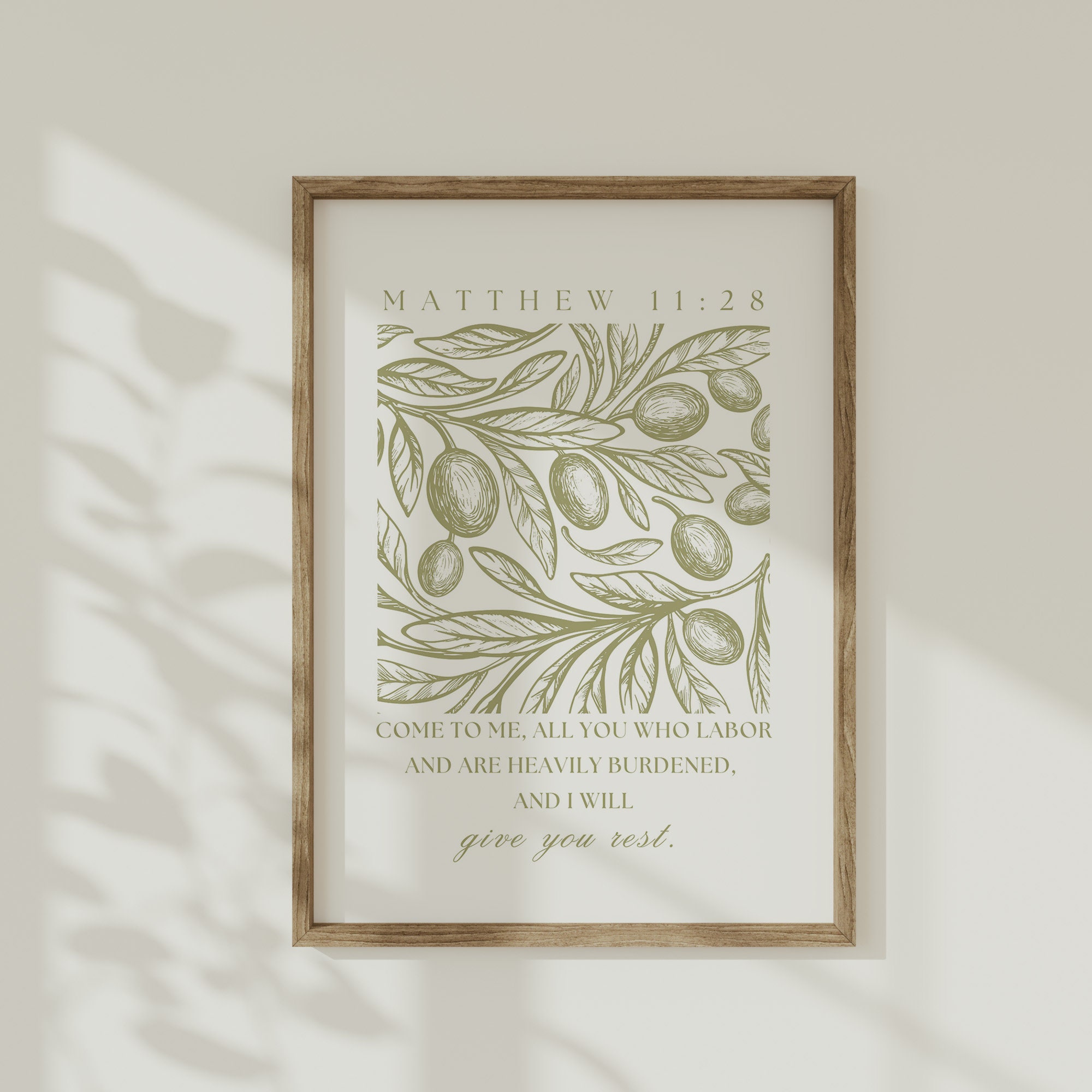 Matthew 11:28 Olive Branch Illustration, Printable Wall Art, Bible Verse Poster, Christian Home Decor, Instant Digital Download, Bible Quote