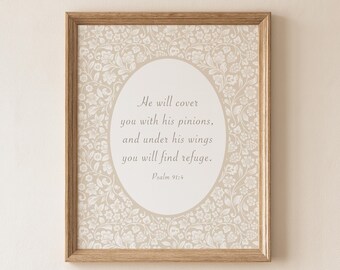 Christian Girl Neutral Nursery Print - Vintage Psalm 91:4 Bible Verse Art (Digital Download)
