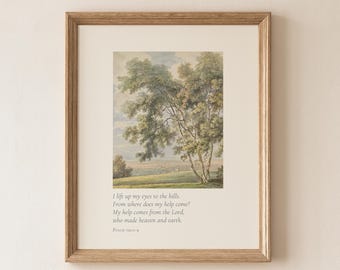 Salmo 121 - Lámina vintage con diseño de árbol: Paisaje en tonos suaves, decoración cristiana (descarga digital)