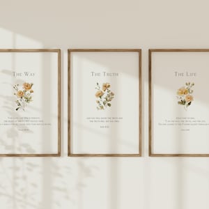Set di decorazioni murali floreali The Way, The Truth, The Life, poster minimalista con versetto biblico di rose, citazione botanica delle Scritture, decorazioni cristiane per la casa di Giovanni 14:6