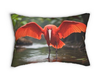 Scarlet Pride - Spun Polyester Lumbar Pillow, Bird Lovers, Caribbean, Bird of paradise, Scarlet Ibis, Gift, Tropical, Bird Lovers