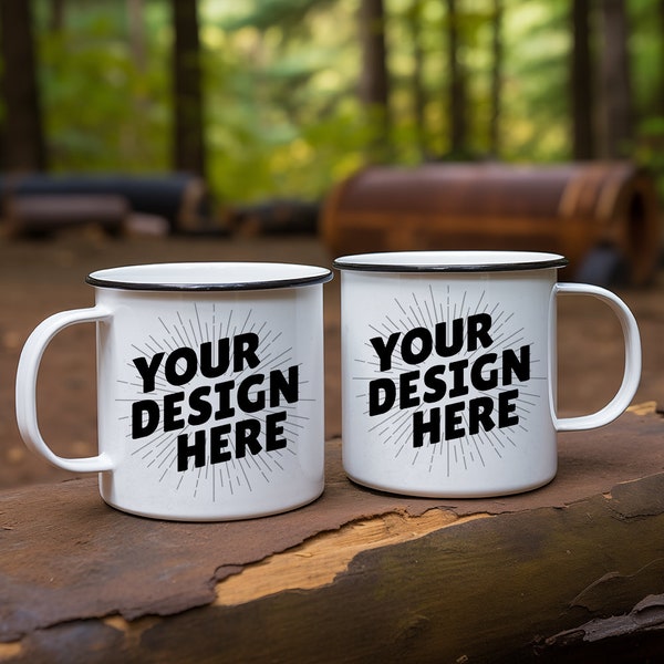 Blank white enamel camping two mugs mockup | 12 oz camping mugs mockup print on demand | Canva Printify Printful Cricut camping mugs mockup