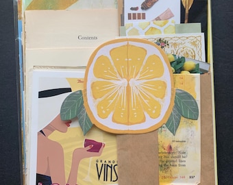 May include: A collection of vintage paper ephemera with a yellow lemon illustration, a vintage poster for Grand Vins Bordeaux, and a handwritten note with the text "30 minutes carbonmaupy. Note ng line should be the printed lines ing the form from 25 Celson 168 227".