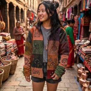 May include: A woman wearing a patchwork jacket with a variety of colors, including brown, green, and red. The jacket has embroidered details and a hood. She is walking down a stone-paved street lined with shops.