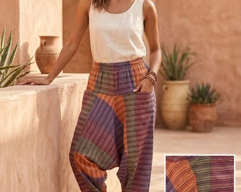 Handmade Patchwork Harem Pants, Boho Drop Crotch Festival Trousers