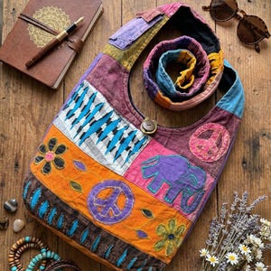 Handmade Patchwork Peace Sling Bag, Cotton Boho Festival Crossbody Purse