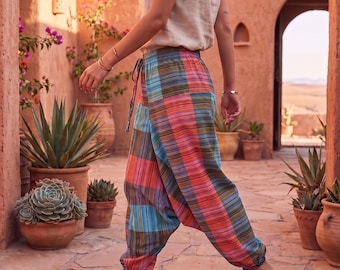 Boho Patchwork Harem Pants, Handmade Nepal Yoga Trousers, Festival Travel Lounge Wear
