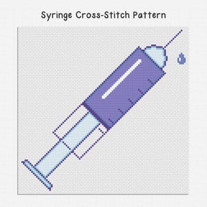 Könnte beinhalten: Ein Kreuzstichmuster mit einer Spritze in Lila- und Hellblautönen. Die Spritze ist diagonal angeordnet, mit einer Nadel und einem kleinen Tropfen Flüssigkeit. Der Text "Syringe Cross-Stitch Pattern" befindet sich oben.