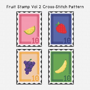 Fruit Postage Stamp Cross Stitch Pattern: Grape, Banana, Lime, Strawberry (PDF)