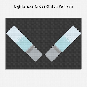 May include: A cross-stitch pattern titled "Lightsticks Cross-Stitch Pattern" features two light blue and gray lightsticks on a black background. The lightsticks are angled towards each other. The pattern is made up of small, square stitches.