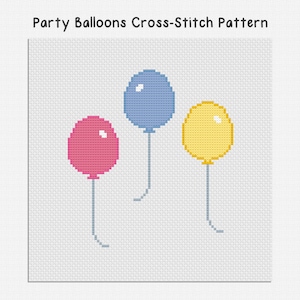 May include: A cross-stitch pattern featuring three balloons in pink, blue, and yellow. The balloons are on a white background, with the text "Party Balloons Cross-Stitch Pattern" at the top.