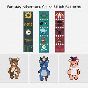 Fantasy Adventure Cross Stitch Pattern: Bookmark & Bear Bundle (PDF)