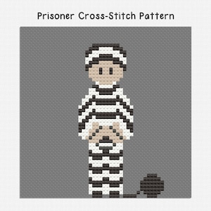 May include: Cross-stitch pattern featuring a pixelated prisoner in black and white stripes, with a ball and chain. The design is set against a gray background, with the text "Prisoner Cross-Stitch Pattern" at the top.