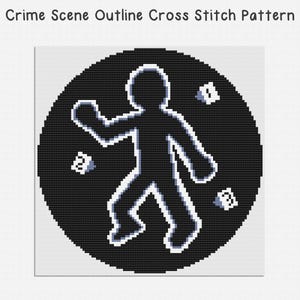 May include: A cross-stitch pattern featuring a crime scene outline. The design includes a black circle with a white outline of a body and three evidence markers. The text "Crime Scene Outline Cross Stitch Pattern" is at the top.