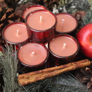 May include: A close-up of a red advent wreath with five red tea light candles, cinnamon sticks, pine branches, and red apples.