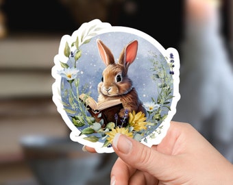 Bookworm Bunny Sticker | Illustrated Fantasy Decal | Whimsical Cottagecore Vinyl Decal for Book Lovers