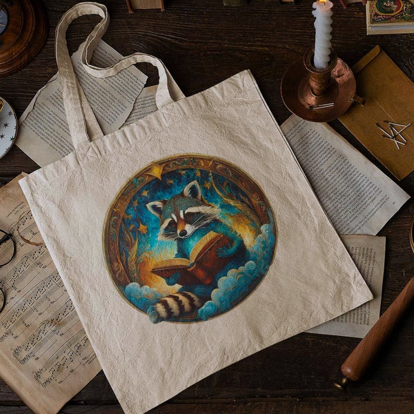 Reading Raccoon Tote Bag | Enchanted Forest Totebag | Ethereal Racoon Canvas Bookbag | Booktrovert Bag