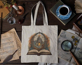 Bookish Cotton Canvas Tote Bag | Fantasy Realm Illustration