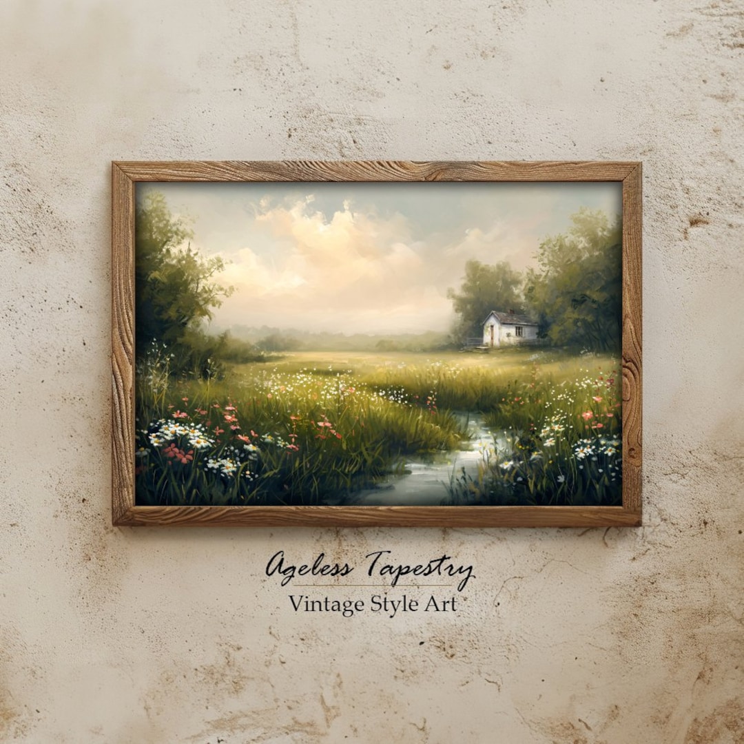 Rustic Cottage Landscape Digital Painting, Printable Country Home Wall