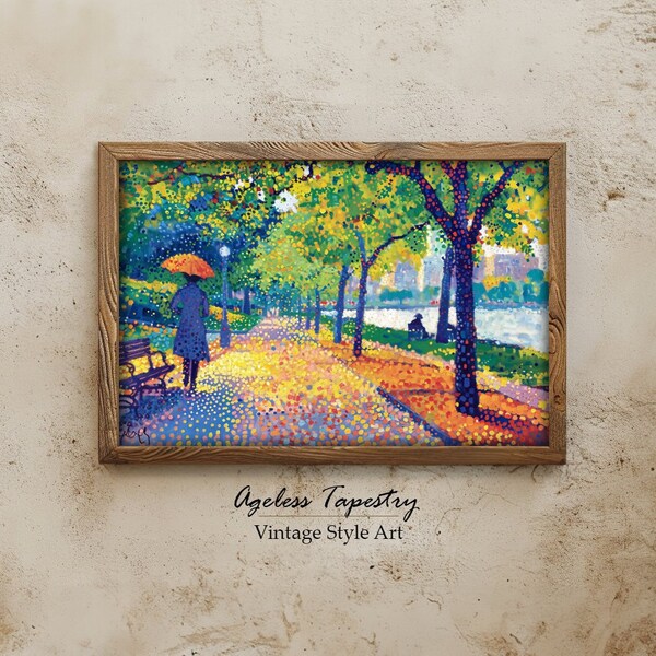 Colorful Park Scene Digital Painting, Autumn Walk With Umbrella, Printable Wall Art, Vibrant Nature Landscape Downloadable Artwork