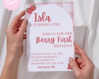 Berry First Birthday Invitation | Strawberry Theme Birthday Invite | Editable Girl 1st Birthday Template | Summer Printable Party Invite