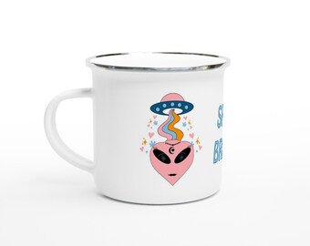 Space Brewed Pink Alien-Love - White 12oz Enamel Mug