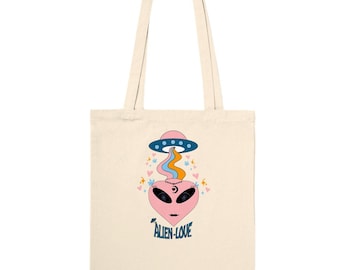 Pink Alien Love Tote Bag – Retro UFO Graphic Cotton Shopper