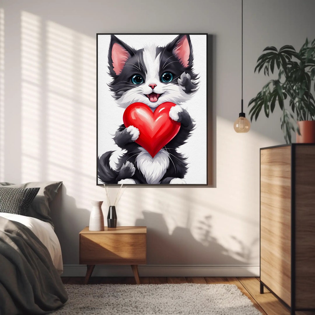 Black White Cat Valentines Heart Wall Print, Valentines Day Wall Art ...