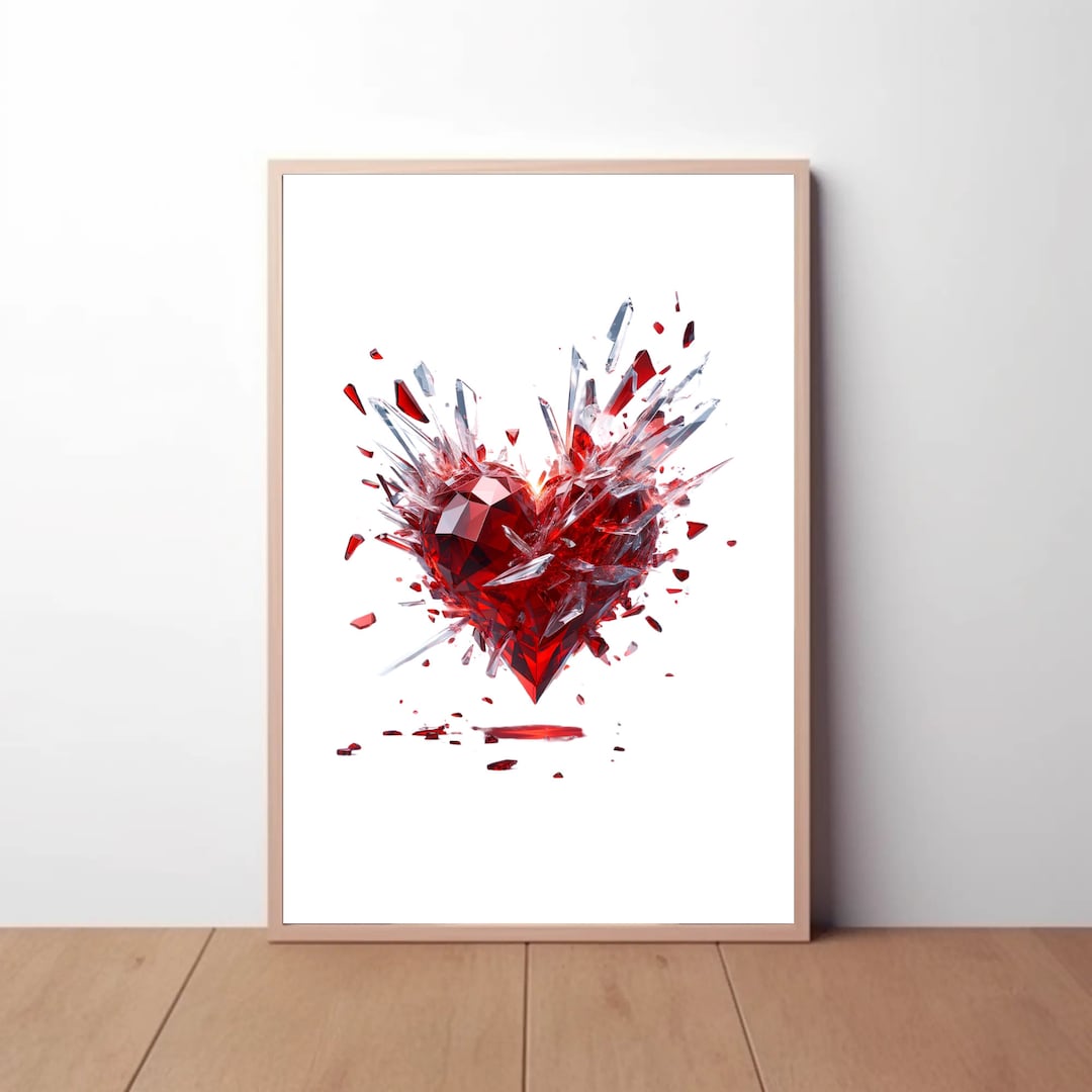 Valentines Crystal Heart Explosion Digital Print, Red Heart Wall Decor