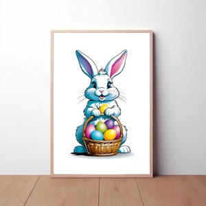 Art de panier d&#39;oeufs de Pâques de lapin de dessin animé, impression de panier d&#39;oeufs de Pâques de lapin, art d&#39;oeufs de Pâques, décoration de chambre d&#39;enfants de lapin, impression de décoration d&#39;animal