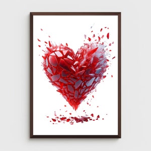 Valentinstag Abstraktes Rotes Herz Bruch Art Print, Valentinstag Wanddekor, Kristall Herz Kunst, Rotes Herz Digital Printable | Valentinstag Geschenk