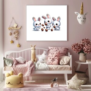 Charmants lapins avec impression d&#39;oeufs de Pâques, oeuvre d&#39;art murale numérique pour enfants, décoration murale de chambre d&#39;enfants, oeuvre d&#39;art de lapin, décoration animalière, impression numérique de Pâques