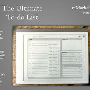 May include: A gray and white digital notepad with a to-do list template. The template includes sections for "Now and Emerging", "Waiting Room", and "Long Term". The notepad is on a gray surface.