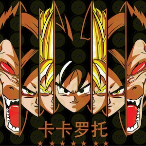 以下が含まれることがあります： 人気アニメシリーズのキャラクターをフィーチャーしたグラフィックデザイン。デザインは垂直パネルに分割され、さまざまなキャラクターの顔が強烈な表情で表示されています。カラーパレットには、黒い背景に対して茶色、黄色、赤の色合いが含まれています。「卡卡罗托」の文字も含まれています。
