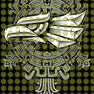 May include: A black and white illustration of an eagle's head with wings spread out. The eagle is surrounded by a geometric pattern in shades of gray and green. The background is a black pattern of repeating circles.