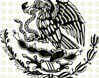 Peut inclure: Illustration en noir et blanc des armoiries mexicaines. Un aigle avec un serpent dans le bec perché sur un cactus, entouré d'une couronne de feuilles et de fleurs. Le dessin est un symbole de l'identité nationale mexicaine.