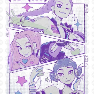 Puede incluir: Ilustración estilo cómic en morado y blanco, con tres personajes femeninos. En la parte superior se lee "HUNTRAX", con los nombres "RUMI", "MIRA" y "ZOEY". Cada personaje tiene un atuendo, accesorios y pose únicos, al estilo cómic.